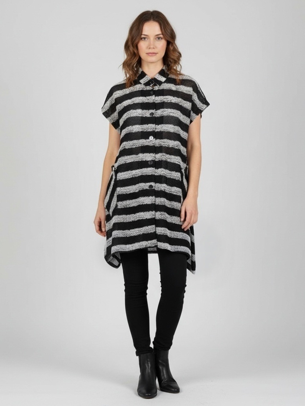 Damee Inc Black, Gray SemiSheer Striped Mesh Knit Cap Slv Button Up Tunic SZ S/M